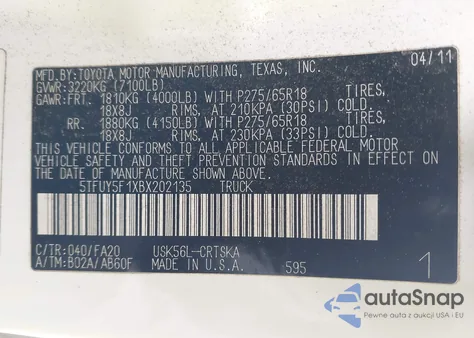 2011 Toyota Tundra Grade 5.7L V8 из США, поврежденный, VIN 5TFUY5F1XBX202135